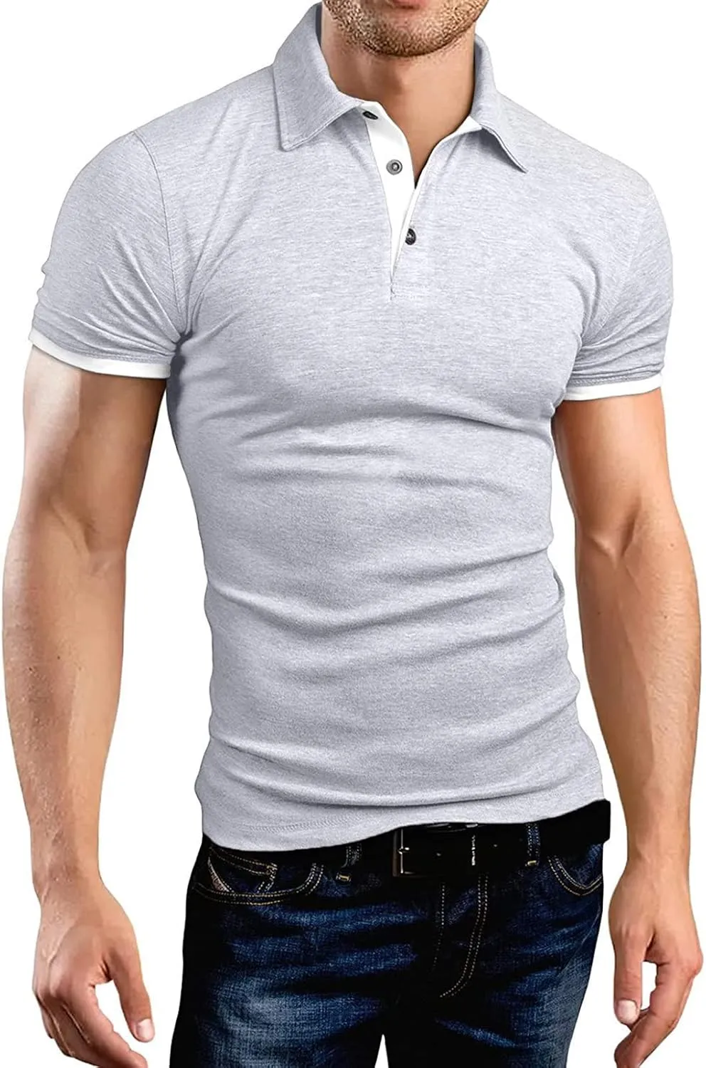 A WATERWANG Men's Short Sleeve Polo Shirts, Slim-fit Cotton Golf Polo Shirts Basic Designed