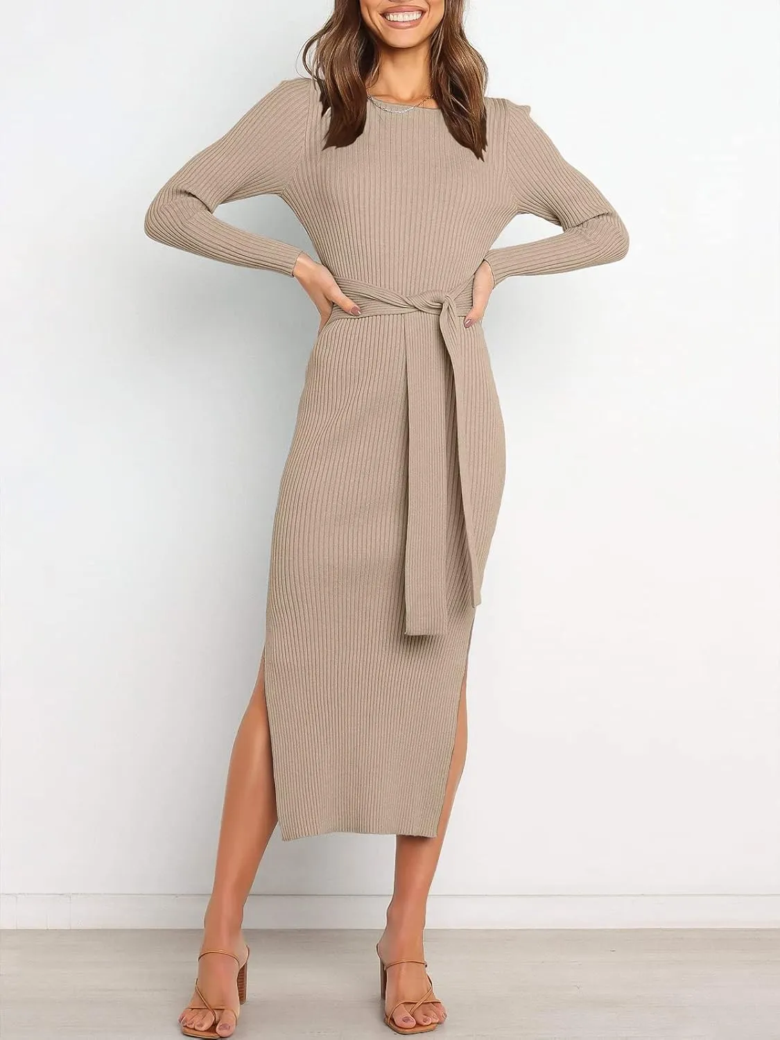 ANRABESS Womens Long Sleeve Sweater Dress Crew Neck Slim Fit Slit Tie Waist 2025 Ribbed Knit Bodycon Midi Dress Fall Outfits