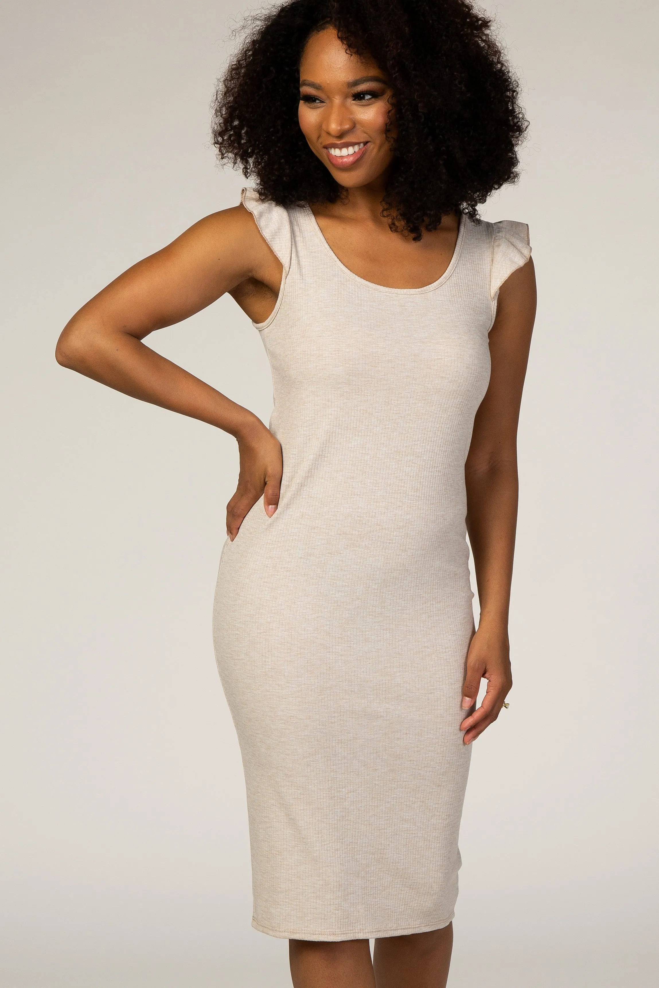 Beige Flounce Sleeve Ribbed Dress