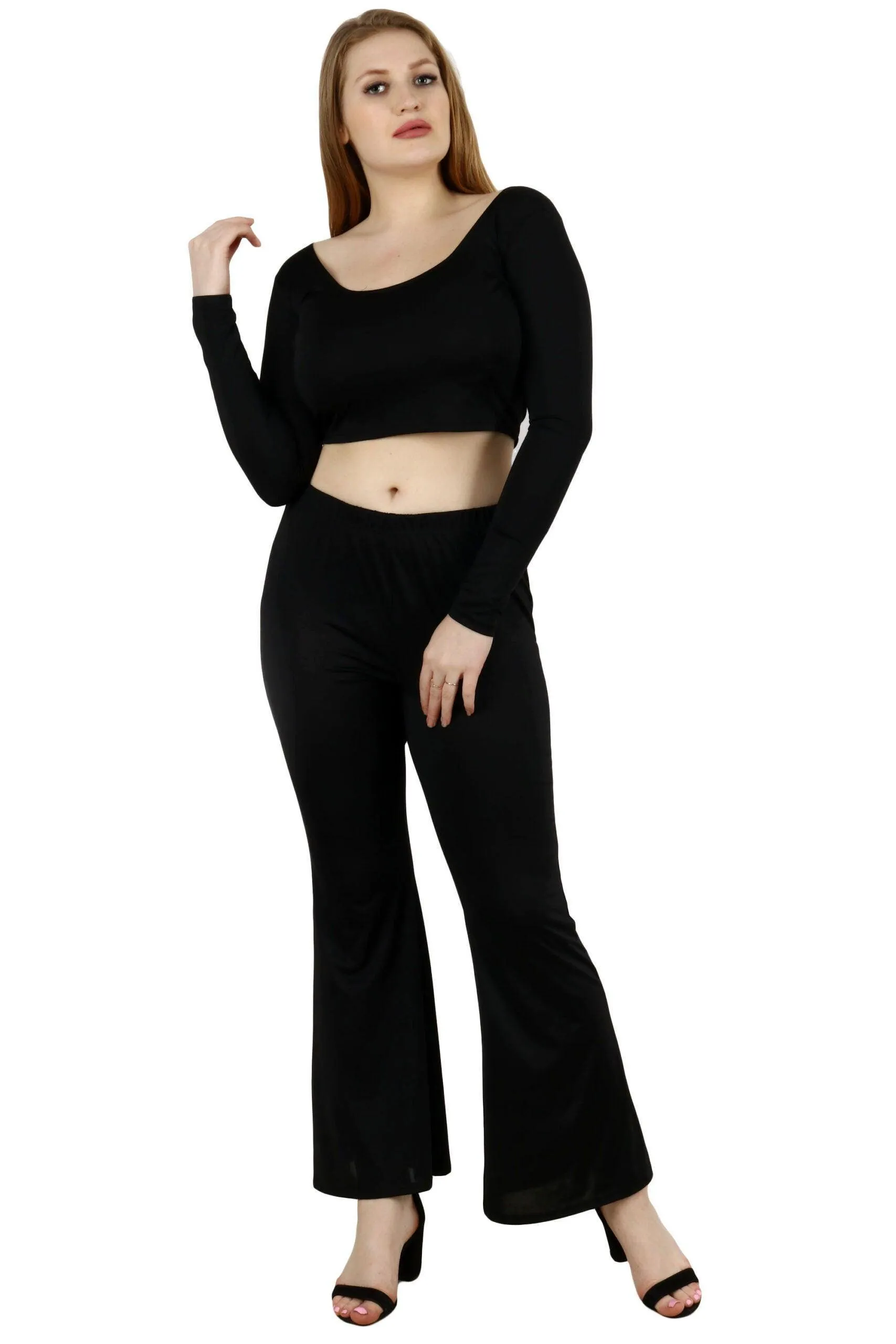 Black Solid Crop Top with Long Sleeves