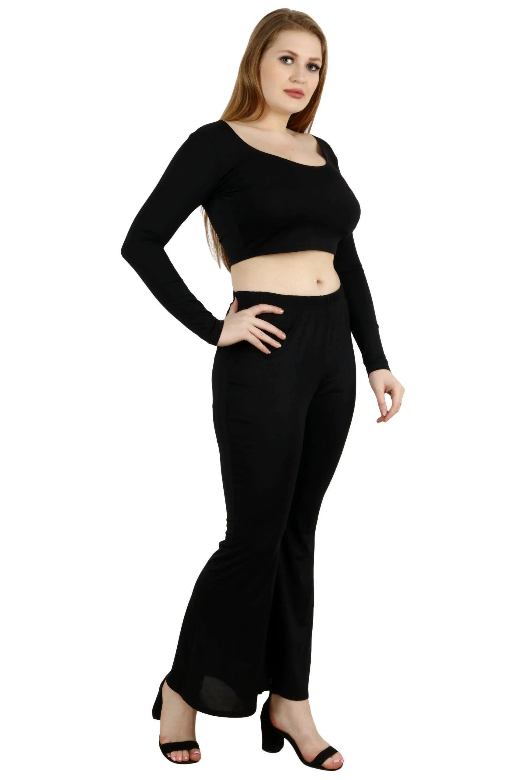 Black Solid Crop Top with Long Sleeves