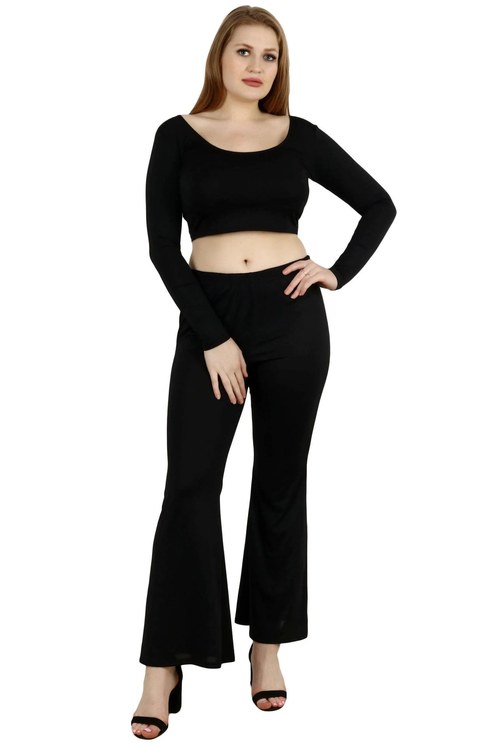 Black Solid Crop Top with Long Sleeves