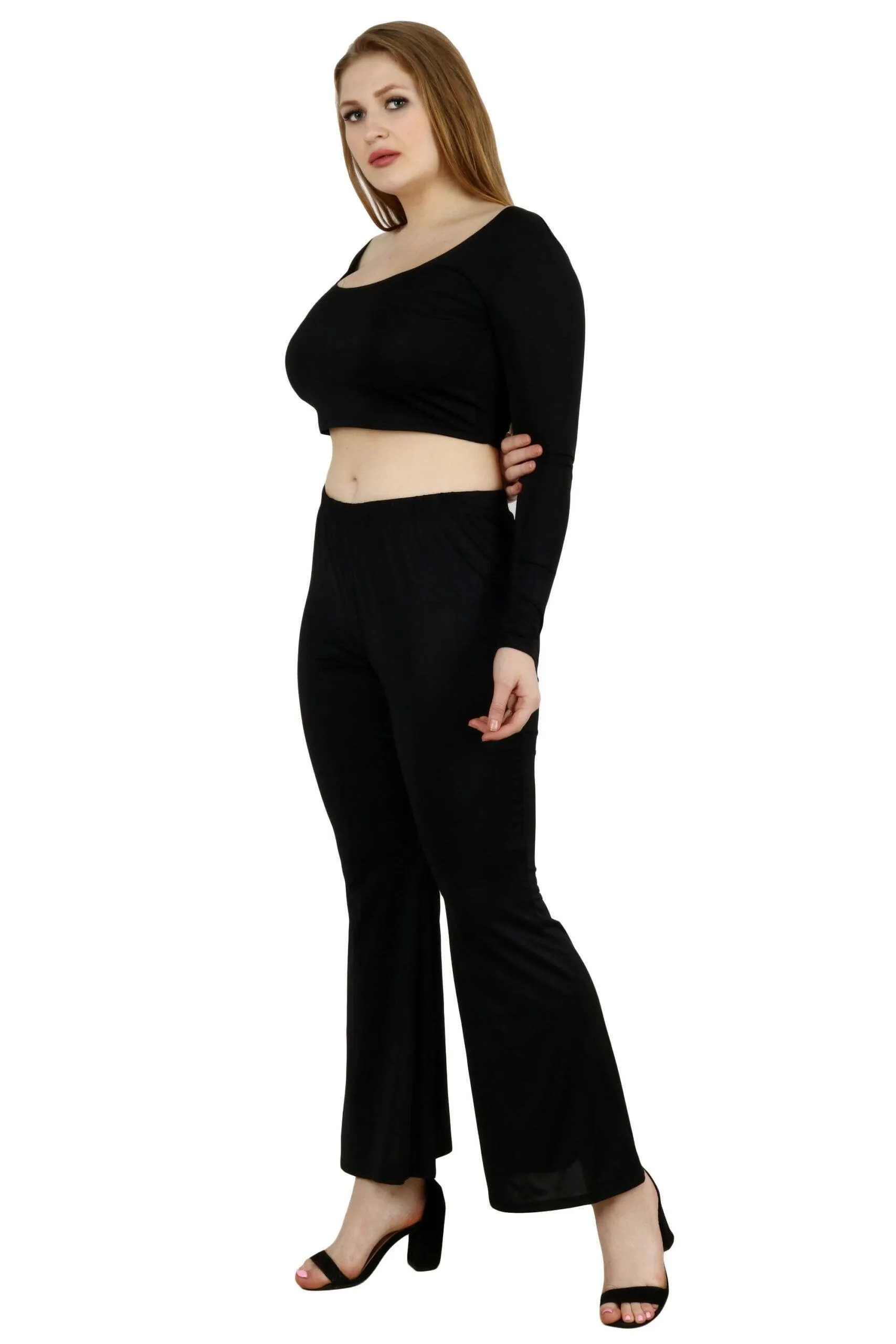 Black Solid Crop Top with Long Sleeves