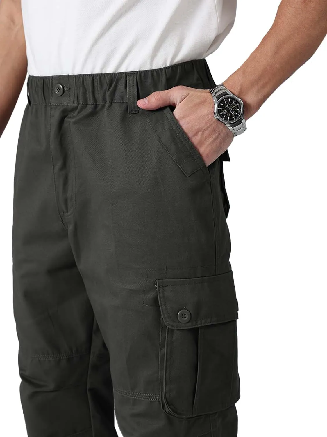 Cargo Pants for MenElastic Waist, 6 Pockets & Adjustable CuffsCotton Fabric for Work, Casual & Daily Wear