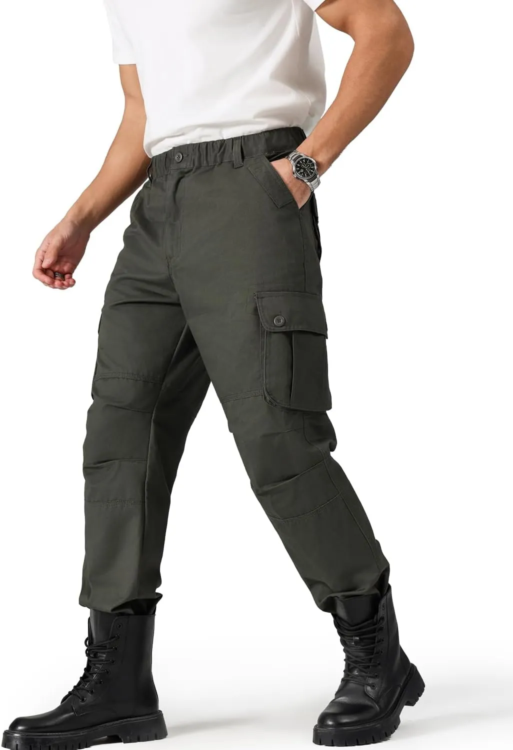 Cargo Pants for MenElastic Waist, 6 Pockets & Adjustable CuffsCotton Fabric for Work, Casual & Daily Wear