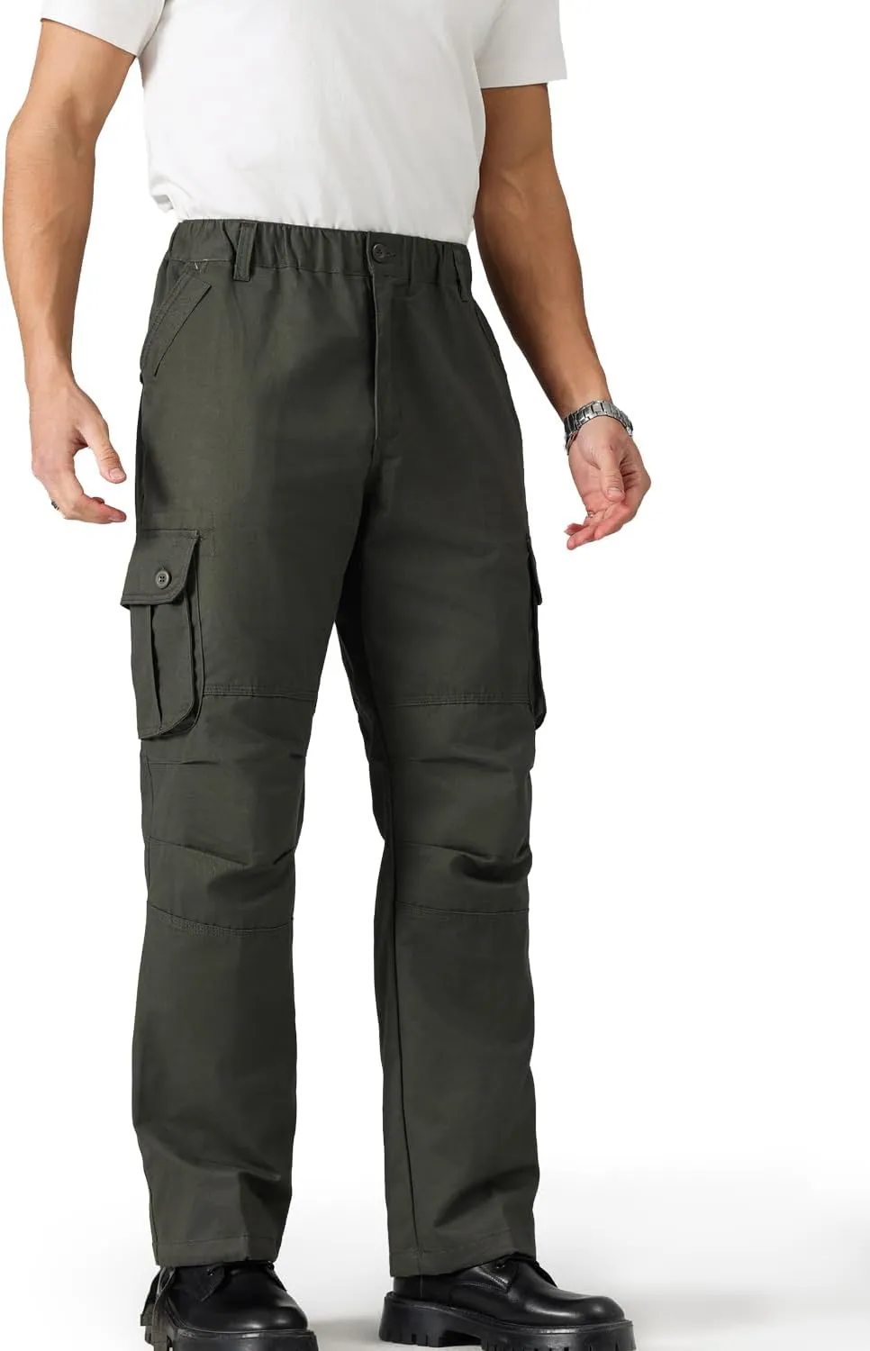 Cargo Pants for MenElastic Waist, 6 Pockets & Adjustable CuffsCotton Fabric for Work, Casual & Daily Wear