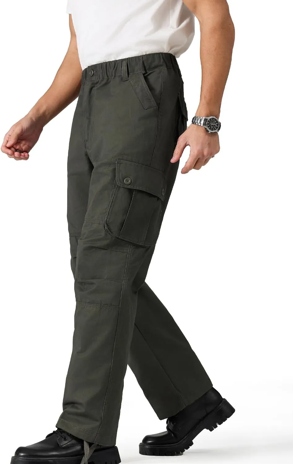 Cargo Pants for MenElastic Waist, 6 Pockets & Adjustable CuffsCotton Fabric for Work, Casual & Daily Wear