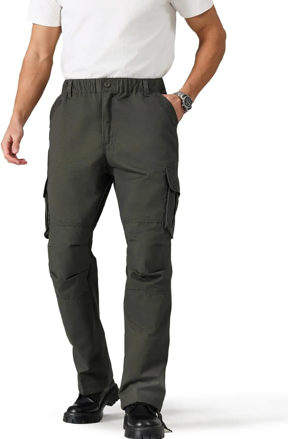 Cargo Pants for MenElastic Waist, 6 Pockets & Adjustable CuffsCotton Fabric for Work, Casual & Daily Wear