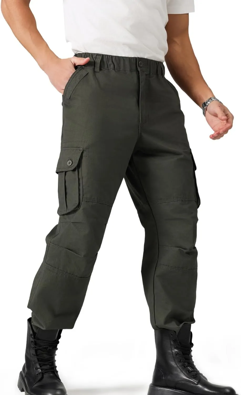 Cargo Pants for MenElastic Waist, 6 Pockets & Adjustable CuffsCotton Fabric for Work, Casual & Daily Wear