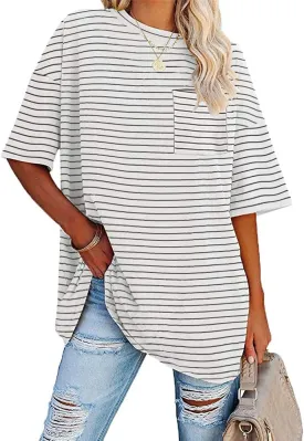 Fisoew Womens Oversized Tees Loose T Shirts Half Sleeve Crew Neck Color Block Cotton Tunic Tops