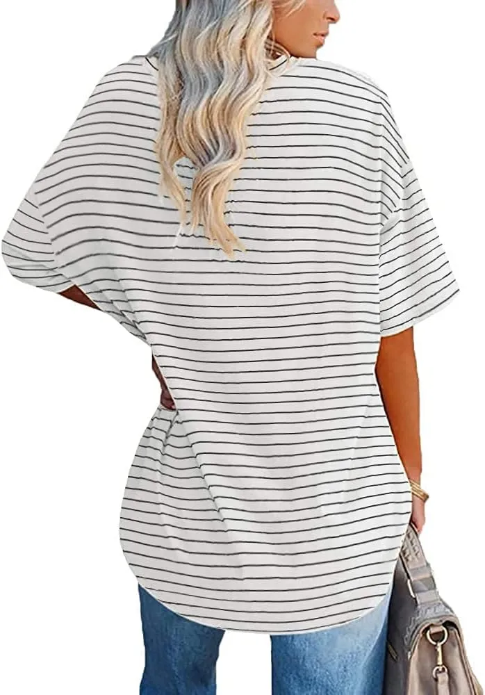 Fisoew Womens Oversized Tees Loose T Shirts Half Sleeve Crew Neck Color Block Cotton Tunic Tops