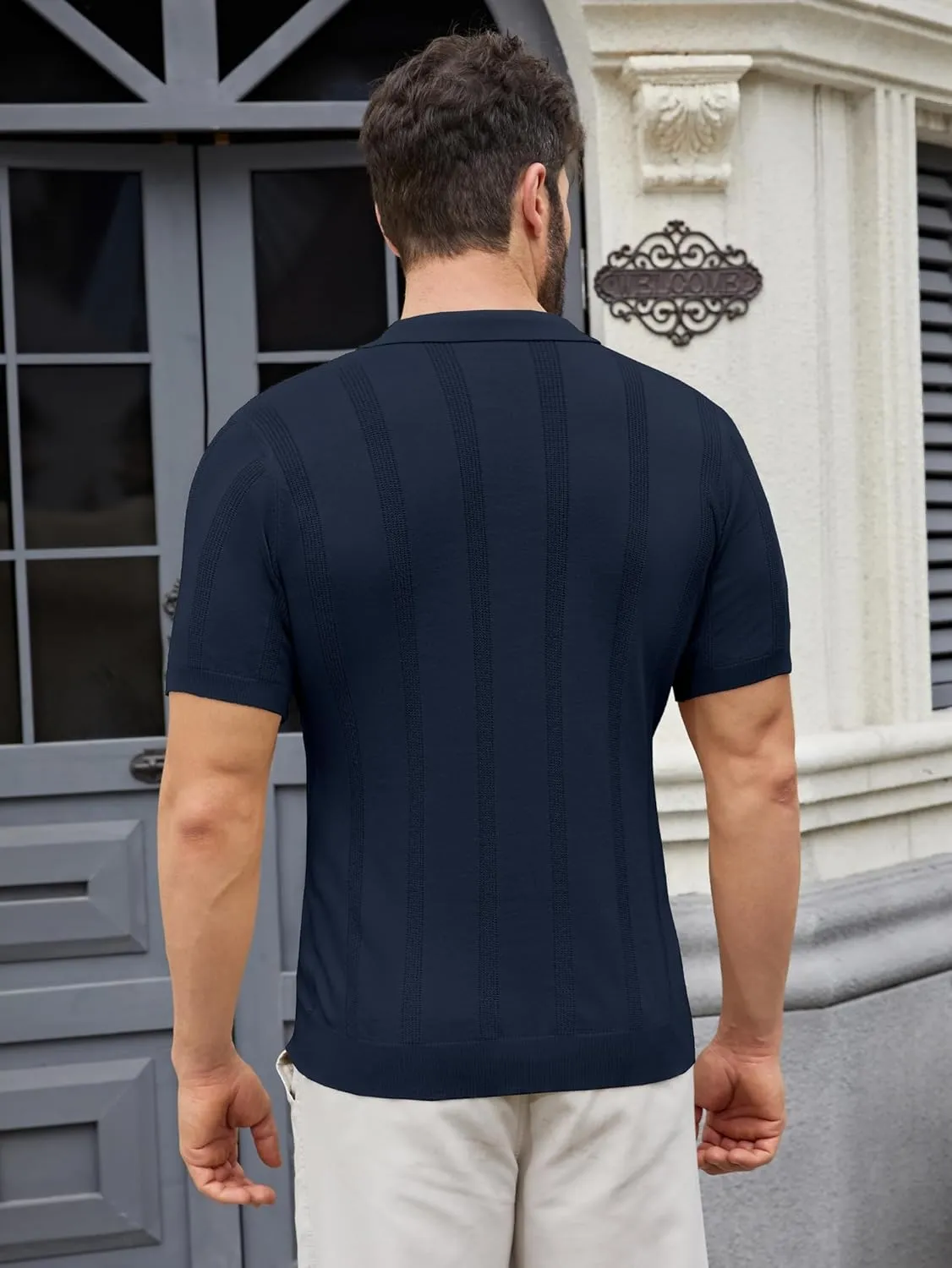 Men's Knit Polo Shirts Short Sleeve Texture Polo Shirt Fashion Casual Ribbed Golf Shirts