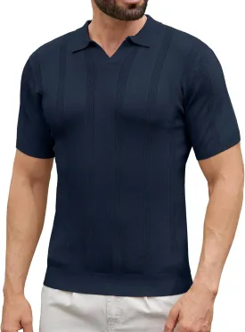 Men's Knit Polo Shirts Short Sleeve Texture Polo Shirt Fashion Casual Ribbed Golf Shirts