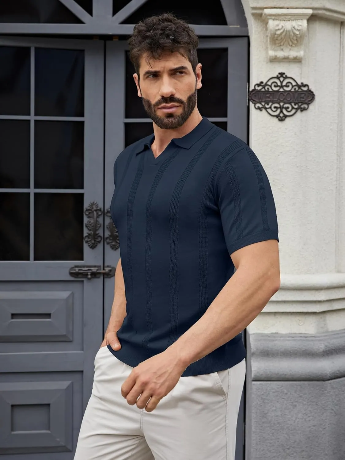 Men's Knit Polo Shirts Short Sleeve Texture Polo Shirt Fashion Casual Ribbed Golf Shirts