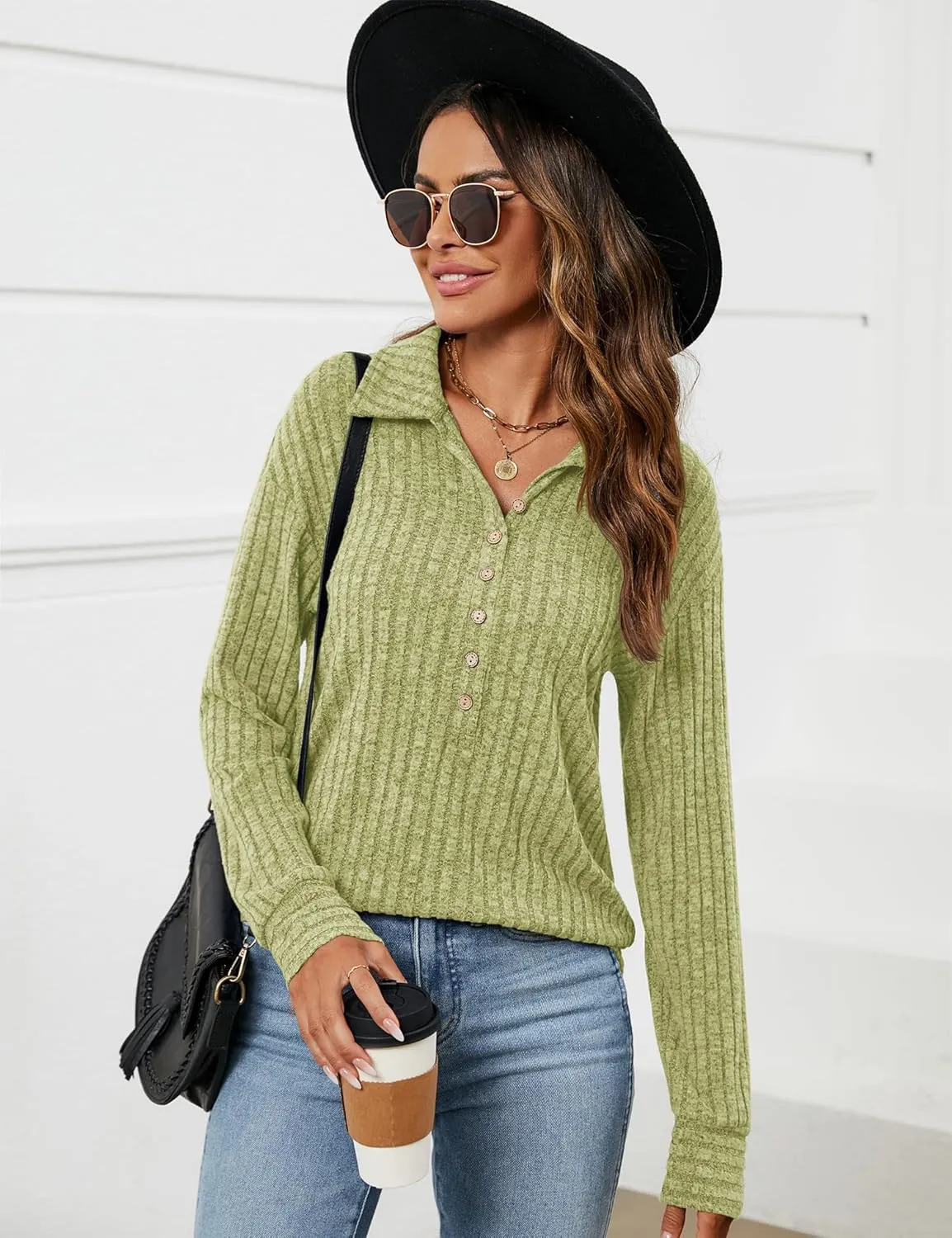 Micoson Women's Fall Casual Long Sleeve Button Blouses Ribbed Knit Fashion Collared Oversized Loose Fit Tunic Tops