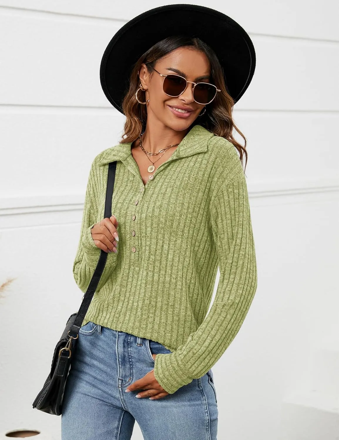 Micoson Women's Fall Casual Long Sleeve Button Blouses Ribbed Knit Fashion Collared Oversized Loose Fit Tunic Tops