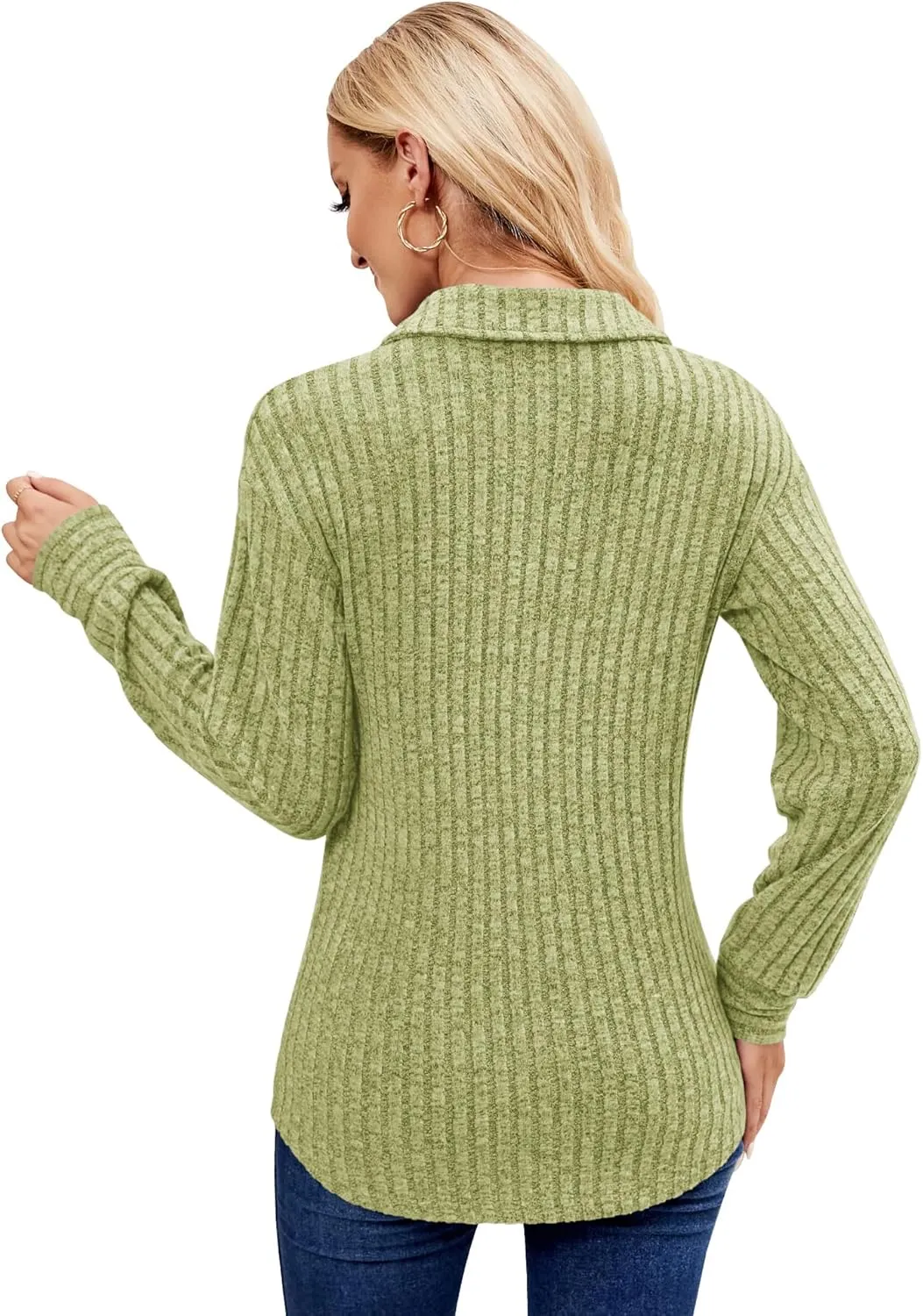 Micoson Women's Fall Casual Long Sleeve Button Blouses Ribbed Knit Fashion Collared Oversized Loose Fit Tunic Tops