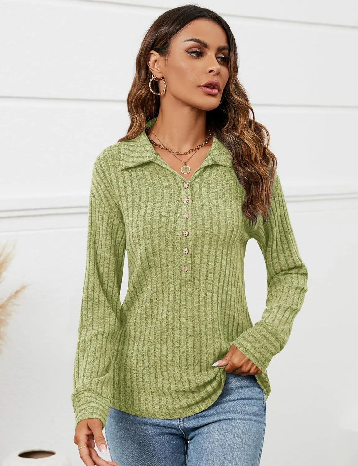 Micoson Women's Fall Casual Long Sleeve Button Blouses Ribbed Knit Fashion Collared Oversized Loose Fit Tunic Tops