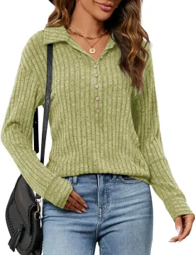 Micoson Women's Fall Casual Long Sleeve Button Blouses Ribbed Knit Fashion Collared Oversized Loose Fit Tunic Tops