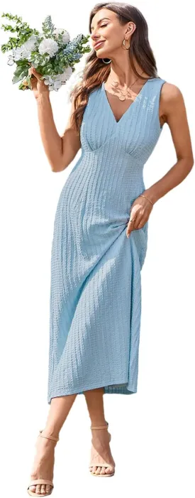 Newshows Womens 2025 Summer Wedding Guest V Neck Sleeveless Long Maxi A Line Empire Waist Elegant Formal Texture Dress
