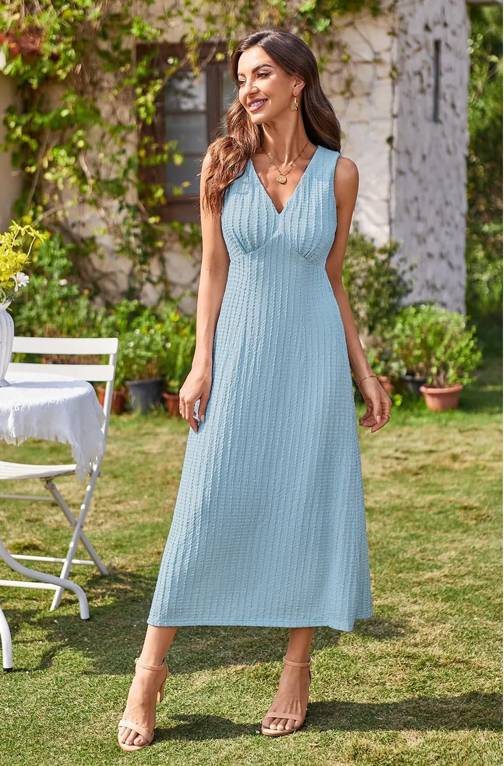 Newshows Womens 2025 Summer Wedding Guest V Neck Sleeveless Long Maxi A Line Empire Waist Elegant Formal Texture Dress