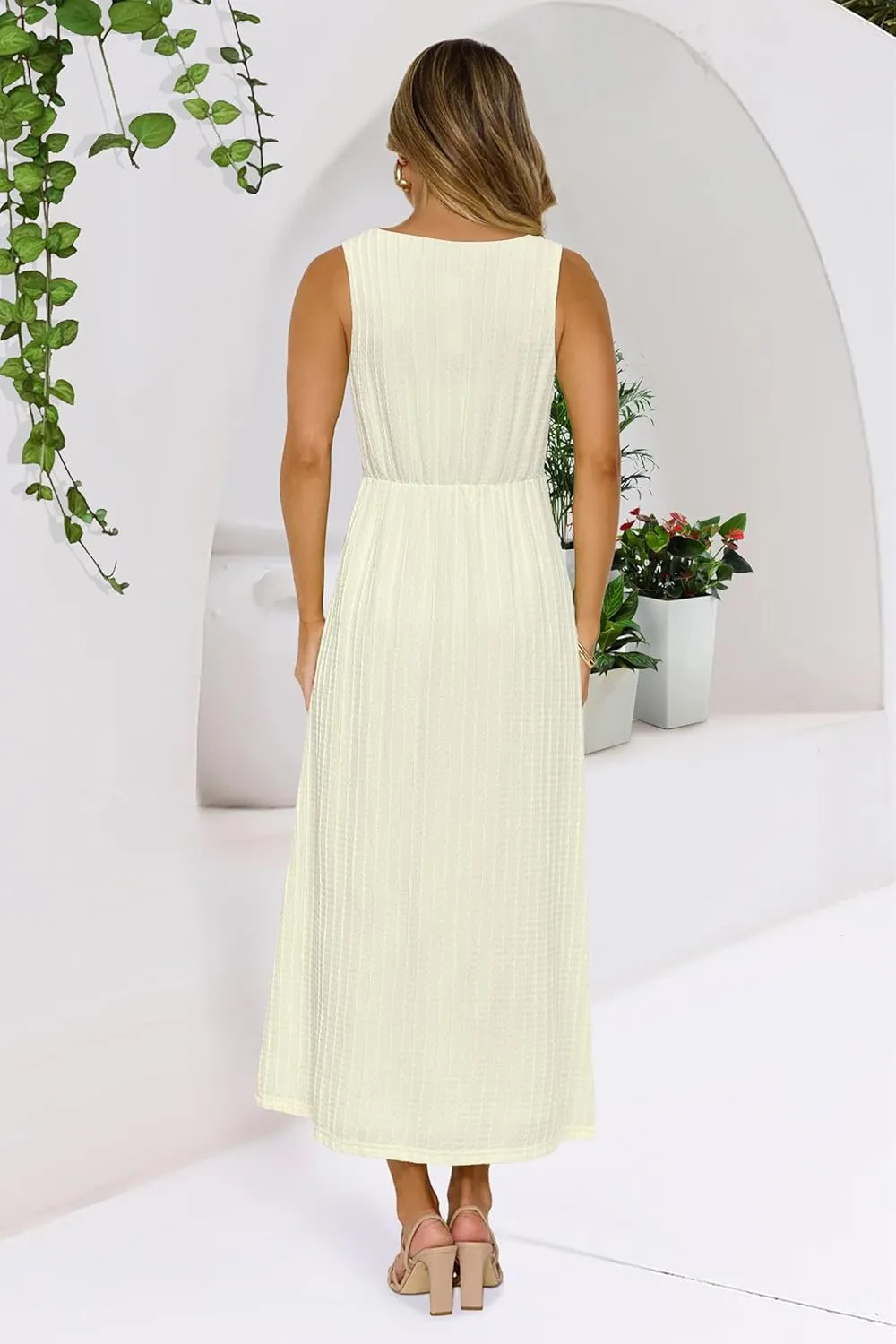 Newshows Womens 2025 Summer Wedding Guest V Neck Sleeveless Long Maxi A Line Empire Waist Elegant Formal Texture Dress