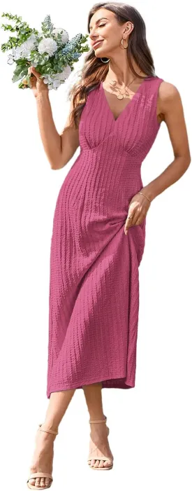 Newshows Womens 2025 Summer Wedding Guest V Neck Sleeveless Long Maxi A Line Empire Waist Elegant Formal Texture Dress