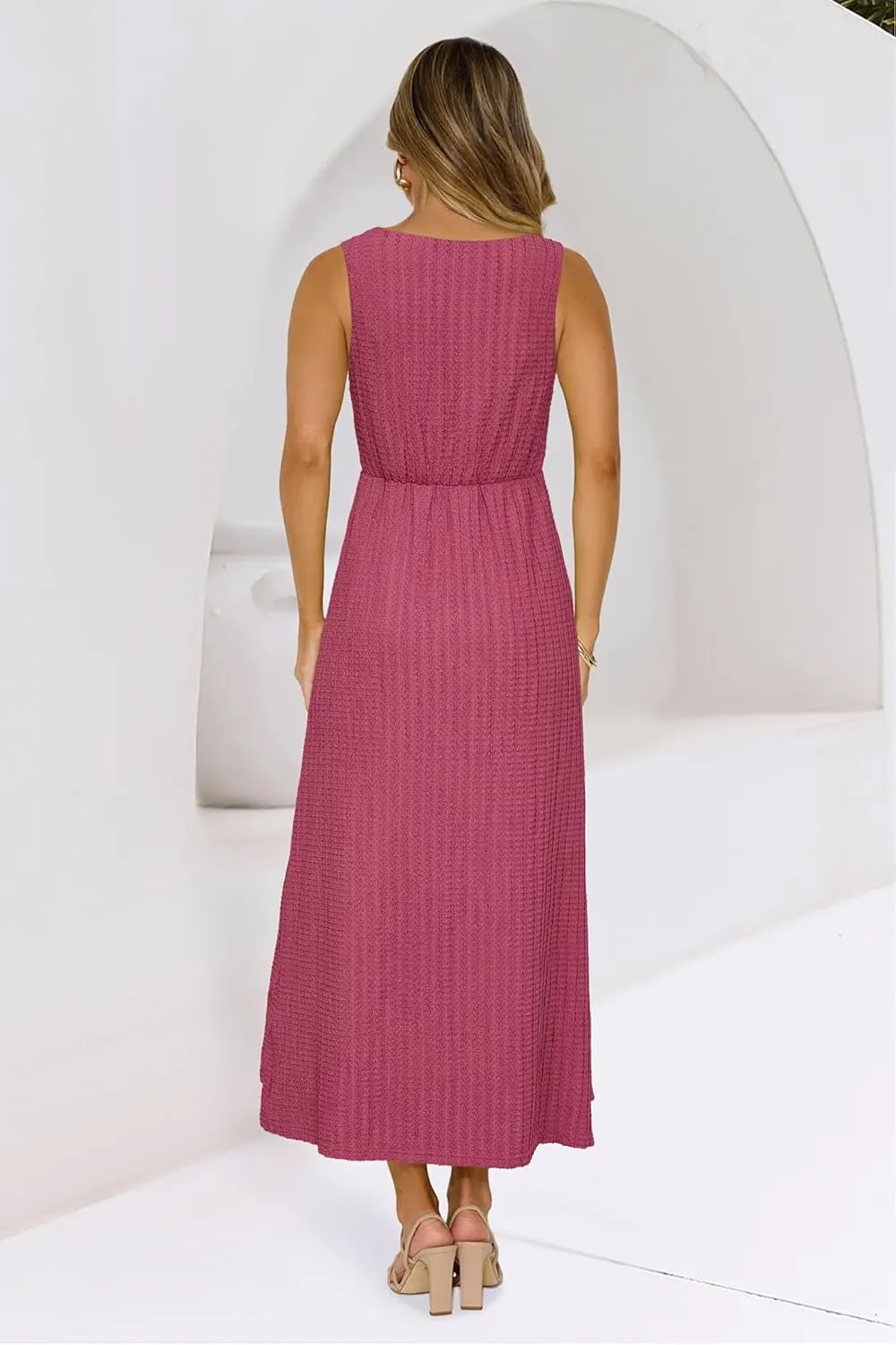 Newshows Womens 2025 Summer Wedding Guest V Neck Sleeveless Long Maxi A Line Empire Waist Elegant Formal Texture Dress