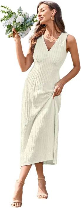 Newshows Womens 2025 Summer Wedding Guest V Neck Sleeveless Long Maxi A Line Empire Waist Elegant Formal Texture Dress