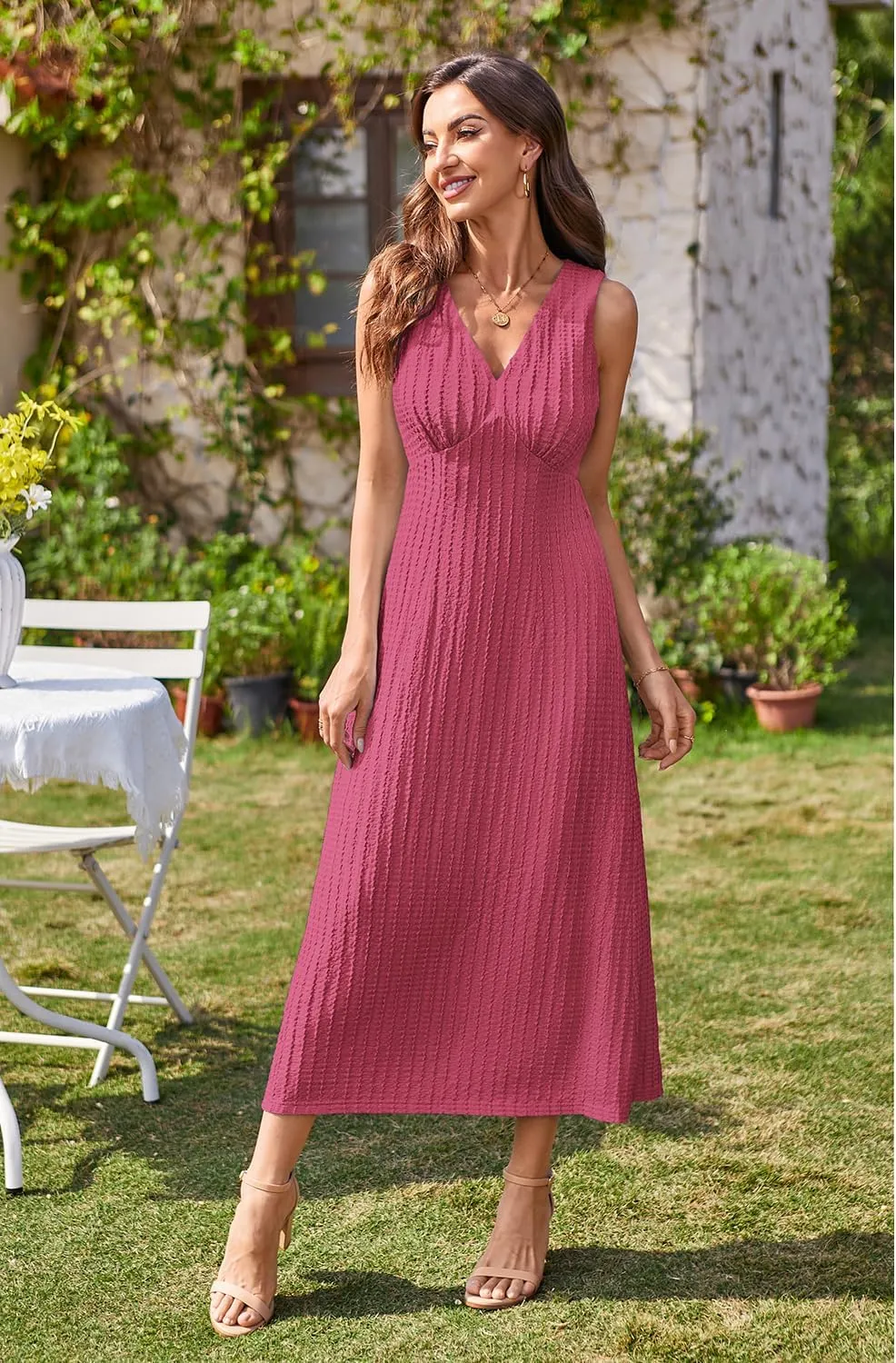 Newshows Womens 2025 Summer Wedding Guest V Neck Sleeveless Long Maxi A Line Empire Waist Elegant Formal Texture Dress