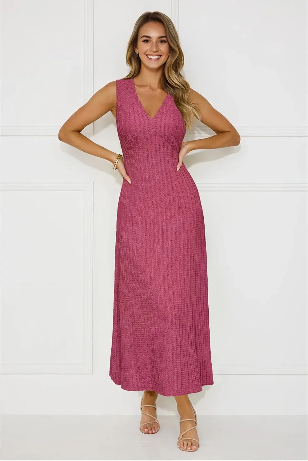 Newshows Womens 2025 Summer Wedding Guest V Neck Sleeveless Long Maxi A Line Empire Waist Elegant Formal Texture Dress