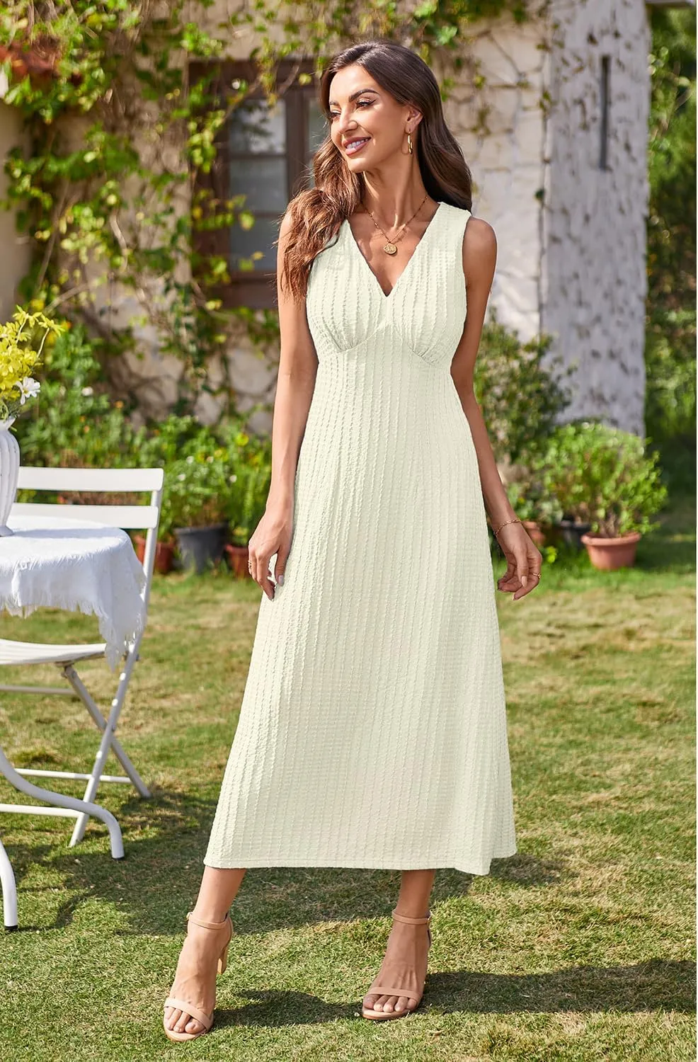 Newshows Womens 2025 Summer Wedding Guest V Neck Sleeveless Long Maxi A Line Empire Waist Elegant Formal Texture Dress
