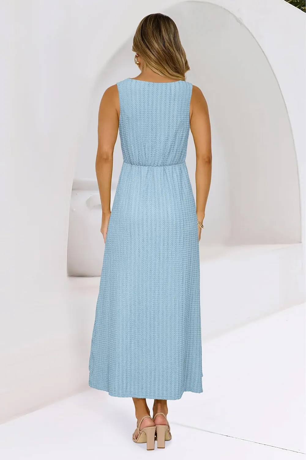 Newshows Womens 2025 Summer Wedding Guest V Neck Sleeveless Long Maxi A Line Empire Waist Elegant Formal Texture Dress