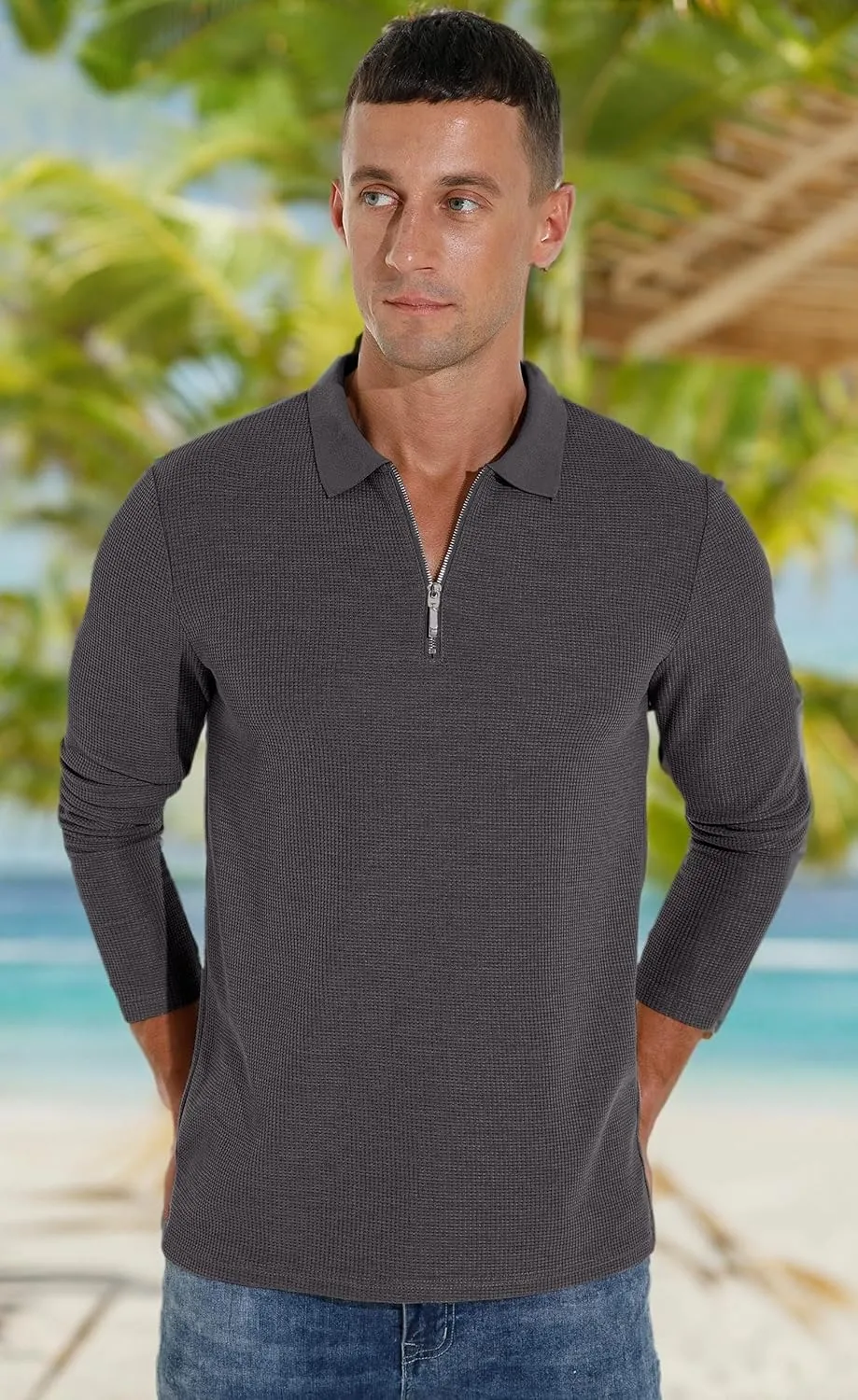 Sailwind Men's Waffle Knit Long Sleeve Casual Quarter Zip Polo Shirts